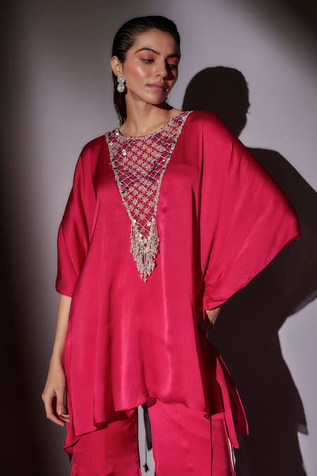 Ajiesh Oberoi_Pink Satin, Chiffon Sequins, Beads, Mirrors, Embroidered Kaftan And Sharara Set _Online_at_Aza_Fashions