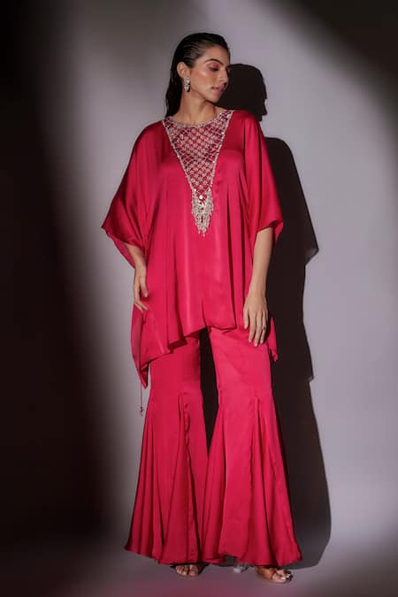 Buy_Ajiesh Oberoi_Pink Satin, Chiffon Sequins, Beads, Mirrors, Embroidered Kaftan And Sharara Set _Online_at_Aza_Fashions