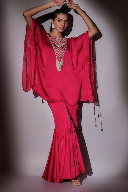 Shop_Ajiesh Oberoi_Pink Satin, Chiffon Sequins, Beads, Mirrors, Embroidered Kaftan And Sharara Set _Online_at_Aza_Fashions