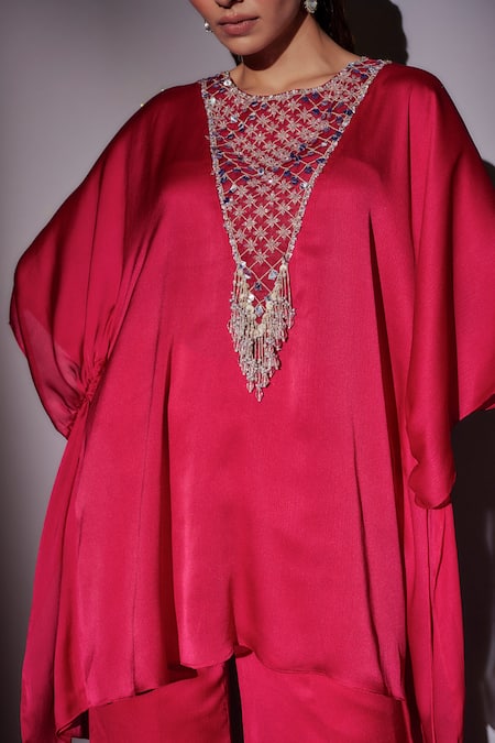 Ajiesh Oberoi_Pink Satin, Chiffon Sequins, Beads, Mirrors, Embroidered Kaftan And Sharara Set _at_Aza_Fashions