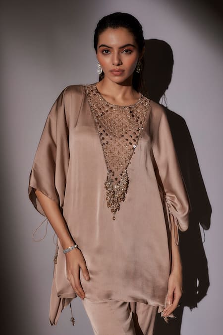 Ajiesh Oberoi_Beige Satin, Chiffon Cut Work, Mirrors, Floral Embroidered Kaftan And Sharara Set _Online_at_Aza_Fashions