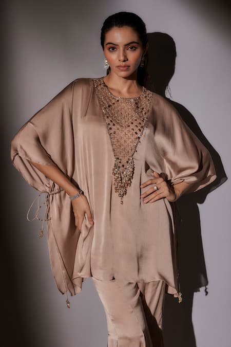 Shop_Ajiesh Oberoi_Beige Satin, Chiffon Cut Work, Mirrors, Floral Embroidered Kaftan And Sharara Set _Online_at_Aza_Fashions
