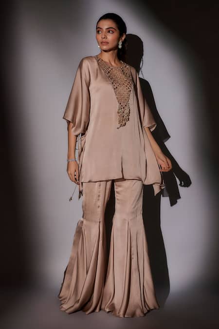 Ajiesh Oberoi_Beige Satin, Chiffon Cut Work, Mirrors, Floral Embroidered Kaftan And Sharara Set _at_Aza_Fashions