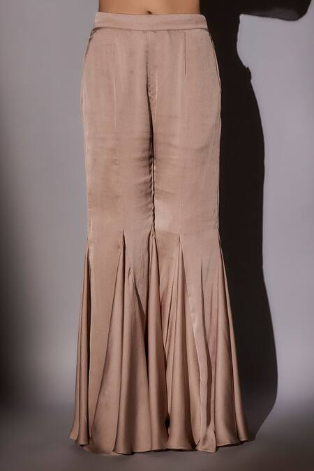 Buy_Ajiesh Oberoi_Beige Satin, Chiffon Cut Work, Mirrors, Floral Embroidered Kaftan And Sharara Set 