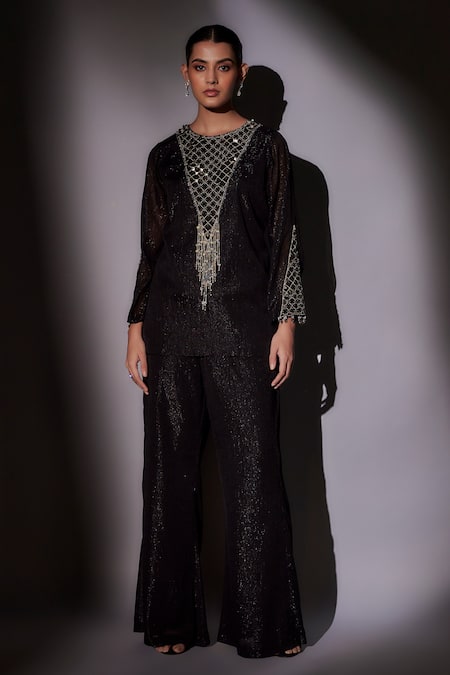 Ajiesh Oberoi Black Lurex Crystals, Sequins, Beads Round Neck Embroidered Kurta And Pant Set 