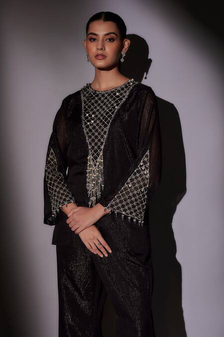 Ajiesh Oberoi_Black Lurex Crystals, Sequins, Beads Round Neck Embroidered Kurta And Pant Set _Online_at_Aza_Fashions