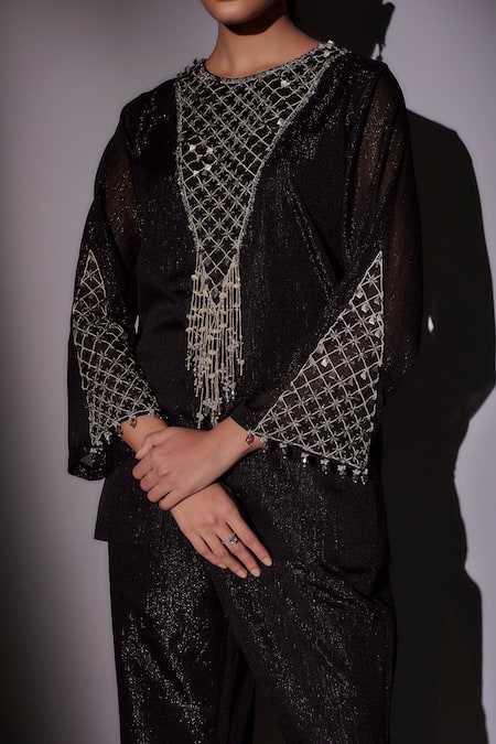 Buy_Ajiesh Oberoi_Black Lurex Crystals, Sequins, Beads Round Neck Embroidered Kurta And Pant Set _Online_at_Aza_Fashions