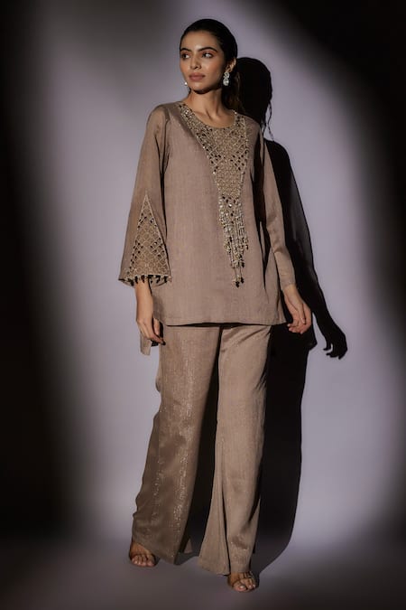 Ajiesh Oberoi_Beige Lurex Crystals, Sequins, Beads Round Neck Embroidered Kurta And Pant Set _Online_at_Aza_Fashions