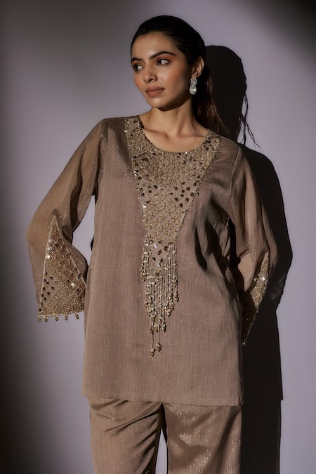 Buy_Ajiesh Oberoi_Beige Lurex Crystals, Sequins, Beads Round Neck Embroidered Kurta And Pant Set _Online_at_Aza_Fashions