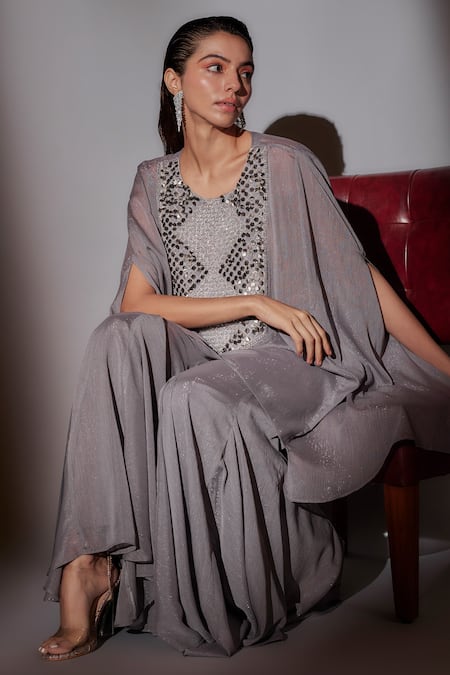 Ajiesh Oberoi_Gray Satin, Lurex Beads Grey Embroidered Cape Tunic And Sharara Set _Online_at_Aza_Fashions