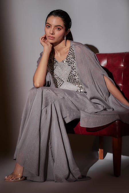 Buy_Ajiesh Oberoi_Gray Satin, Lurex Beads Grey Embroidered Cape Tunic And Sharara Set _Online_at_Aza_Fashions