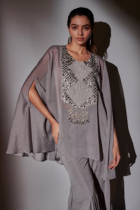 Ajiesh Oberoi Grey Embroidered Cape Tunic & Sharara Set 