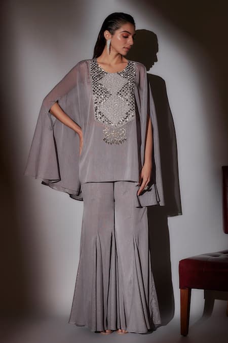 Ajiesh Oberoi Bella Thread Yoke Embroidered Cape Kurta & Sharara Set 