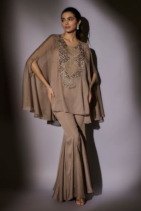 Ajiesh Oberoi Bella Yoke Embroidered Cape Kurta & Sharara Set 