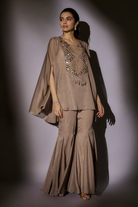 Ajiesh Oberoi Beige Satin, Lurex Beads, Crystals Cape Tunic And Sharara Set Online at Aza Fashions Ajiesh Oberoi_Beige Satin, Lurex Beads, Crystals Cape Tunic And Sharara Set _Online_at_Aza_Fashions