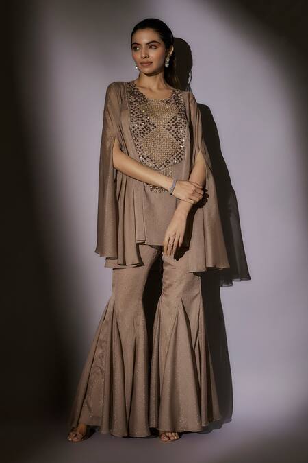 Buy Ajiesh Oberoi Beige Satin, Lurex Beads, Crystals Cape Tunic And Sharara Set Online at Aza Fashions Buy_Ajiesh Oberoi_Beige Satin, Lurex Beads, Crystals Cape Tunic And Sharara Set _Online_at_Aza_Fashions