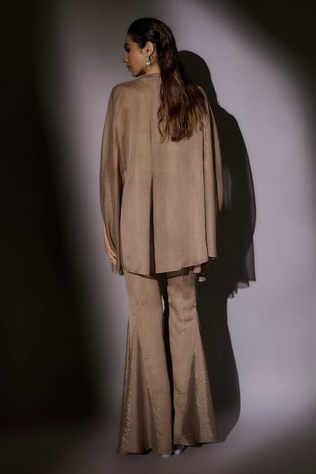 Shop Ajiesh Oberoi Beige Satin, Lurex Beads, Crystals Cape Tunic And Sharara Set at Aza Fashions Shop_Ajiesh Oberoi_Beige Satin, Lurex Beads, Crystals Cape Tunic And Sharara Set _at_Aza_Fashions