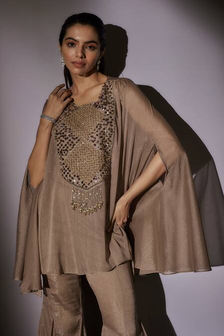 Ajiesh Oberoi Beige Satin, Lurex Beads, Crystals Cape Tunic And Sharara Set at Aza Fashions Ajiesh Oberoi_Beige Satin, Lurex Beads, Crystals Cape Tunic And Sharara Set _at_Aza_Fashions