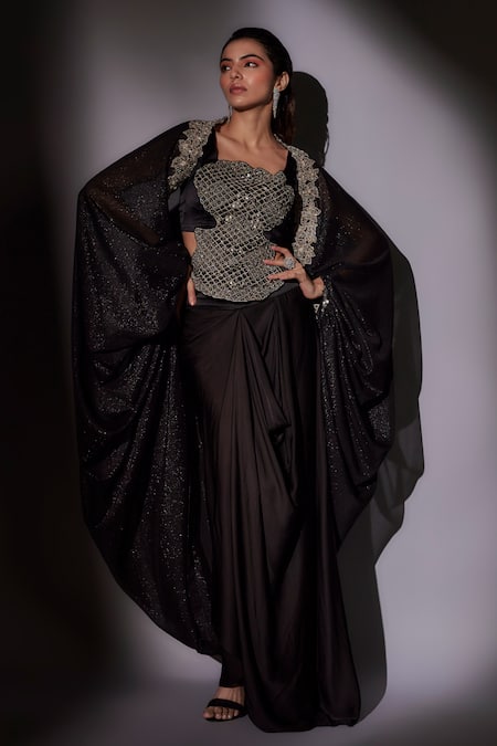 Ajiesh Oberoi_Black Satin, Lurex Cut Work Square Neck Embroidered Cape Skirt Set _Online_at_Aza_Fashions