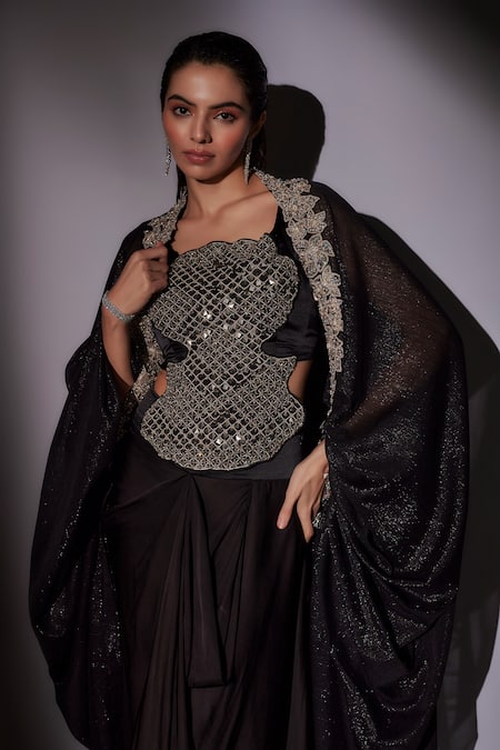 Shop_Ajiesh Oberoi_Black Satin, Lurex Cut Work Square Neck Embroidered Cape Skirt Set _Online_at_Aza_Fashions