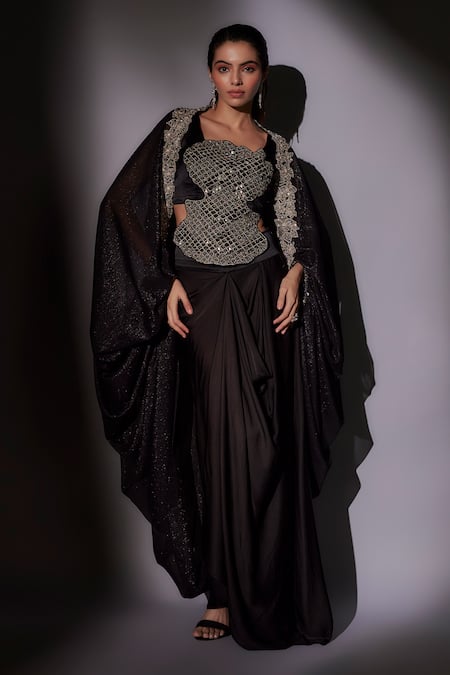 Ajiesh Oberoi Black Satin, Lurex Cut Work Square Neck Embroidered Cape Skirt Set 