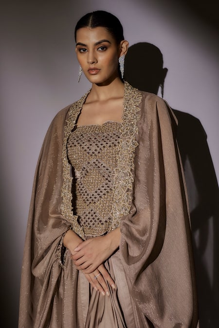 Ajiesh Oberoi_Beige Satin, Lurex Sequins, Beads, Cut Work Square Embroidered Cape Skirt Set _Online_at_Aza_Fashions