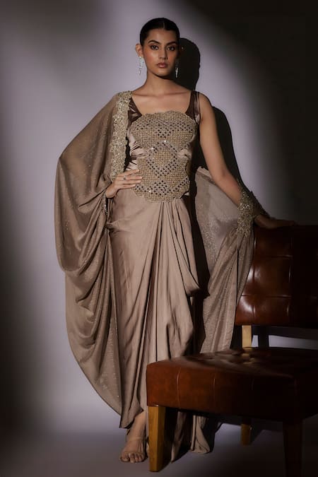 Buy_Ajiesh Oberoi_Beige Satin, Lurex Sequins, Beads, Cut Work Square Embroidered Cape Skirt Set _Online_at_Aza_Fashions