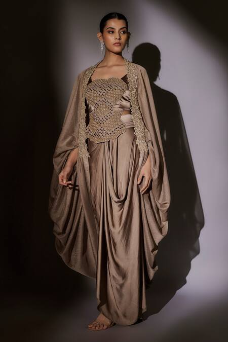 Buy_Ajiesh Oberoi_Beige Satin, Lurex Sequins, Beads, Cut Work Square Embroidered Cape Skirt Set 