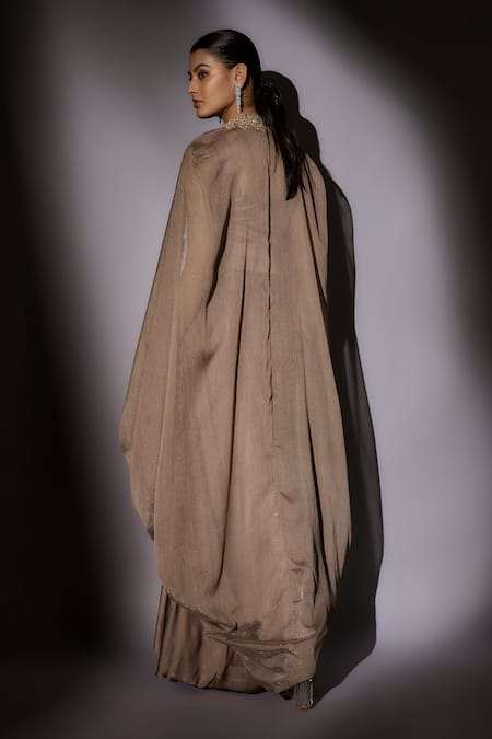 Ajiesh Oberoi Beige Cutwork Embroidered Cape Skirt Set 