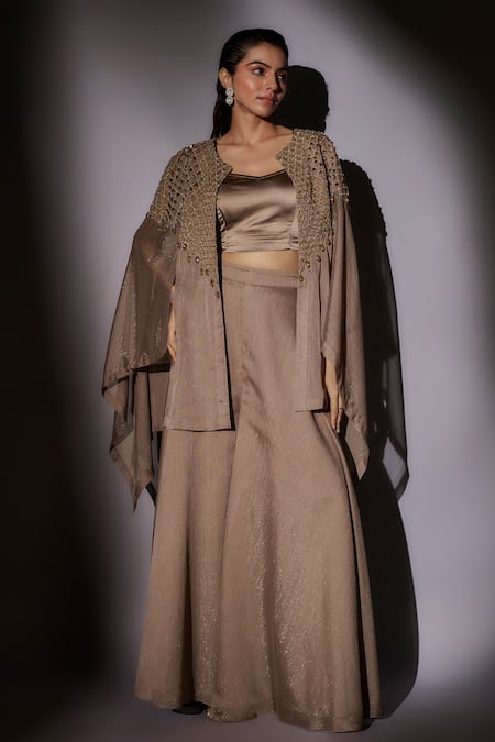 Ajiesh Oberoi Brown Satin, Lurex Beads, Crystals, Embroidery Round Neck Cape Sharara Set Online at Aza Fashions Ajiesh Oberoi_Brown Satin, Lurex Beads, Crystals, Embroidery Round Neck Cape Sharara Set _Online_at_Aza_Fashions