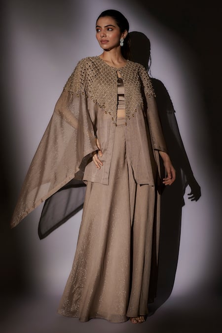 Buy Ajiesh Oberoi Brown Satin, Lurex Beads, Crystals, Embroidery Round Neck Cape Sharara Set Online at Aza Fashions Buy_Ajiesh Oberoi_Brown Satin, Lurex Beads, Crystals, Embroidery Round Neck Cape Sharara Set _Online_at_Aza_Fashions
