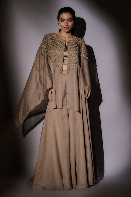 Shop Ajiesh Oberoi Brown Satin, Lurex Beads, Crystals, Embroidery Round Neck Cape Sharara Set Online at Aza Fashions Shop_Ajiesh Oberoi_Brown Satin, Lurex Beads, Crystals, Embroidery Round Neck Cape Sharara Set _Online_at_Aza_Fashions