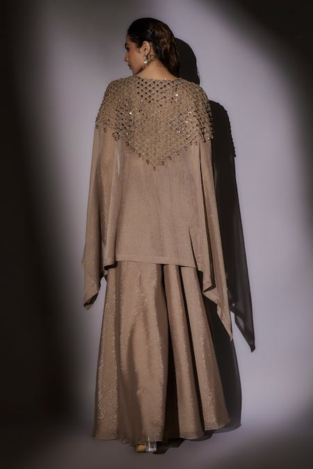Shop Ajiesh Oberoi Brown Satin, Lurex Beads, Crystals, Embroidery Round Neck Cape Sharara Set at Aza Fashions Shop_Ajiesh Oberoi_Brown Satin, Lurex Beads, Crystals, Embroidery Round Neck Cape Sharara Set _at_Aza_Fashions