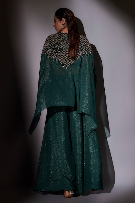 Shop Ajiesh Oberoi Green Satin, Lurex Crystals, Beads, Embroidery Round Hand Cape And Sharara Set at Aza Fashions Shop_Ajiesh Oberoi_Green Satin, Lurex Crystals, Beads, Embroidery Round Hand Cape And Sharara Set _at_Aza_Fashions