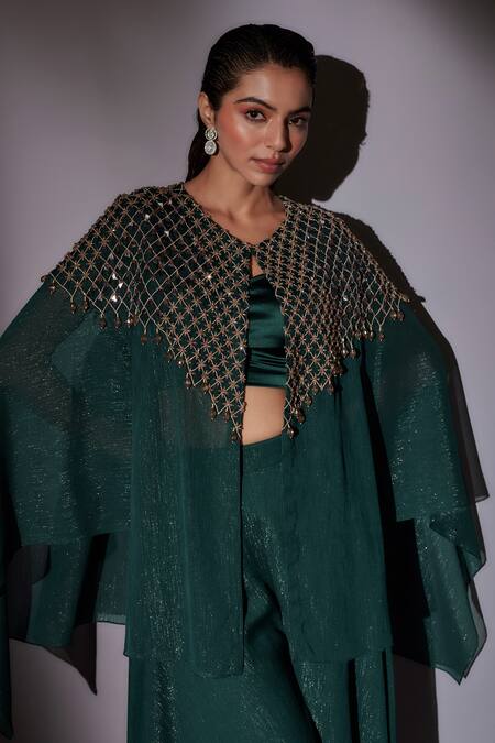 Shop Ajiesh Oberoi Green Satin, Lurex Crystals, Beads, Embroidery Round Hand Cape And Sharara Set Online at Aza Fashions Shop_Ajiesh Oberoi_Green Satin, Lurex Crystals, Beads, Embroidery Round Hand Cape And Sharara Set _Online_at_Aza_Fashions
