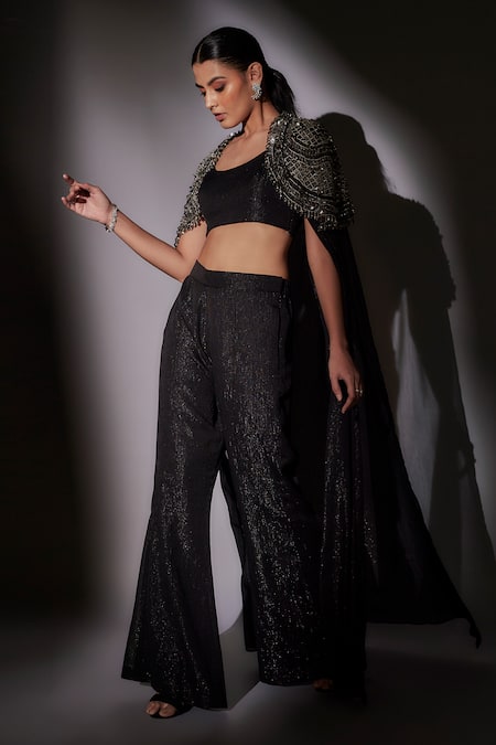 Ajiesh Oberoi_Black Lurex Beads, Cut Work, Embroidery Round Neck Checkered Cape And Pant Set _Online_at_Aza_Fashions