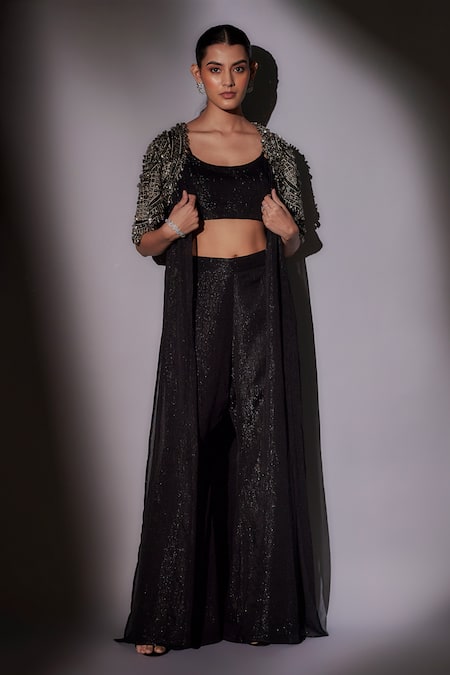 Ajiesh Oberoi Black Lurex Beads, Cut Work, Embroidery Round Neck Checkered Cape And Pant Set 