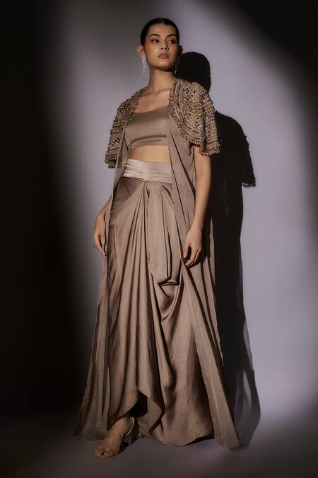 Ajiesh Oberoi_Beige Lurex Crystals, Stones, Beads Scoop Neck, Embellished Jacket And Pant Set _Online_at_Aza_Fashions