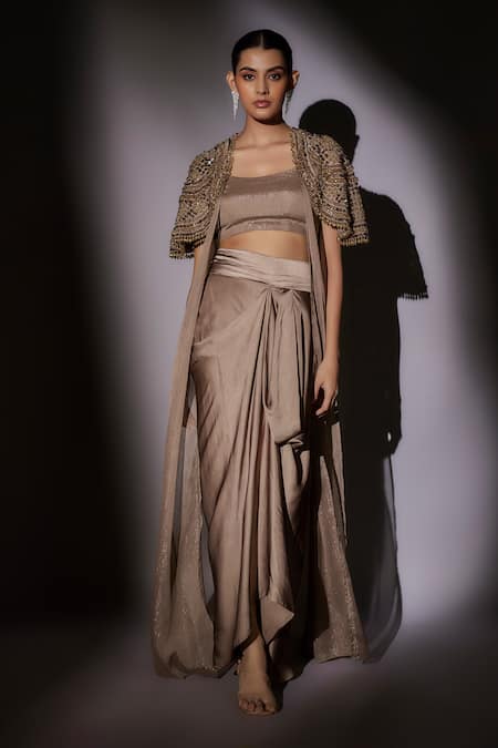 Buy_Ajiesh Oberoi_Beige Lurex Crystals, Stones, Beads Scoop Neck, Embellished Jacket And Pant Set _Online_at_Aza_Fashions