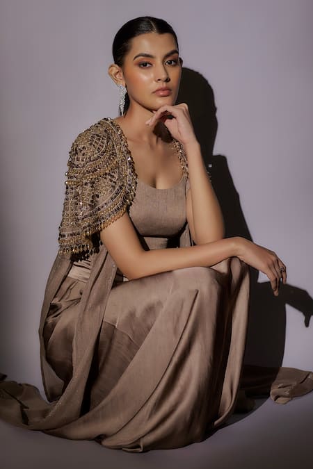 Shop_Ajiesh Oberoi_Beige Lurex Crystals, Stones, Beads Scoop Neck, Embellished Jacket And Pant Set _Online_at_Aza_Fashions