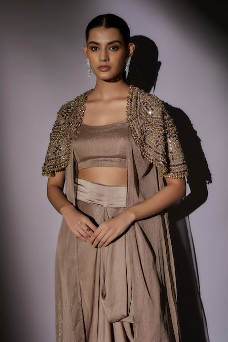 Buy_Ajiesh Oberoi_Beige Lurex Crystals, Stones, Beads Scoop Neck, Embellished Jacket And Pant Set 