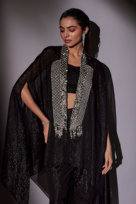 Ajiesh Oberoi Black Satin, Lurex Beads, Cut Work Double Collar Embroidered Cape Sharara Set Online at Aza Fashions Ajiesh Oberoi_Black Satin, Lurex Beads, Cut Work Double Collar Embroidered Cape Sharara Set _Online_at_Aza_Fashions