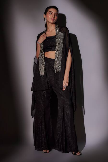 Buy Ajiesh Oberoi Black Satin, Lurex Beads, Cut Work Double Collar Embroidered Cape Sharara Set Online at Aza Fashions Buy_Ajiesh Oberoi_Black Satin, Lurex Beads, Cut Work Double Collar Embroidered Cape Sharara Set _Online_at_Aza_Fashions