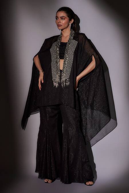 Ajiesh Oberoi Black Satin, Lurex Beads, Cut Work Double Collar Embroidered Cape Sharara Set at Aza Fashions Ajiesh Oberoi_Black Satin, Lurex Beads, Cut Work Double Collar Embroidered Cape Sharara Set _at_Aza_Fashions