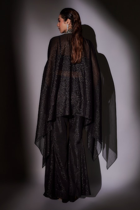 Shop Ajiesh Oberoi Black Satin, Lurex Beads, Cut Work Double Collar Embroidered Cape Sharara Set at Aza Fashions Shop_Ajiesh Oberoi_Black Satin, Lurex Beads, Cut Work Double Collar Embroidered Cape Sharara Set _at_Aza_Fashions