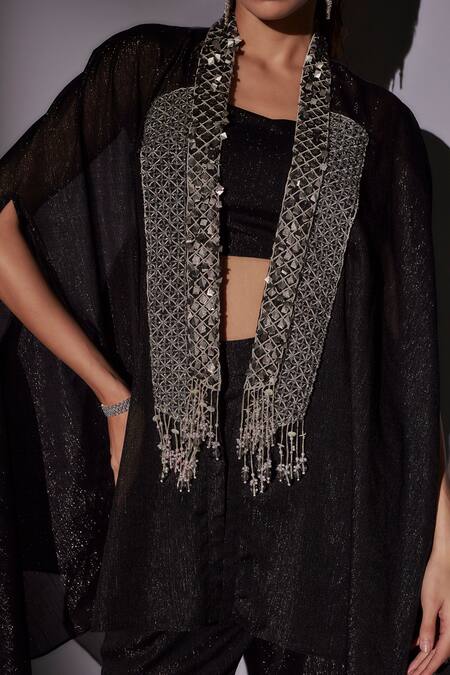 Buy Ajiesh Oberoi Black Satin, Lurex Beads, Cut Work Double Collar Embroidered Cape Sharara Set Buy_Ajiesh Oberoi_Black Satin, Lurex Beads, Cut Work Double Collar Embroidered Cape Sharara Set