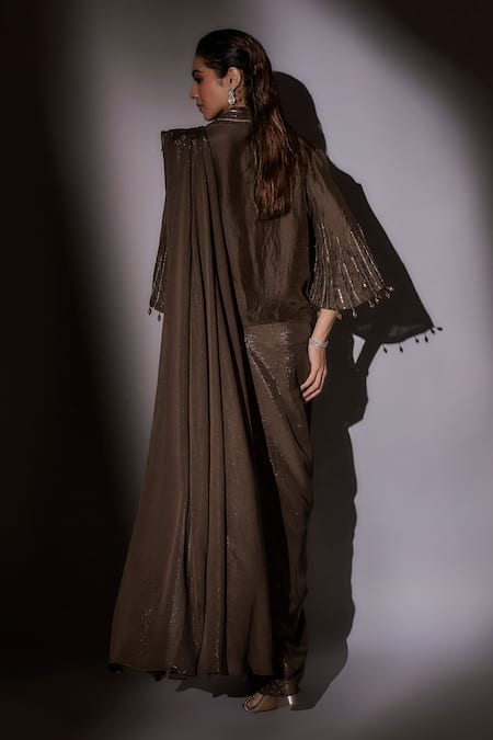 Shop_Ajiesh Oberoi_Brown Satin, Lurex Beads, Cut Work Floral Embroidered Pre-draped Saree And Blouse _at_Aza_Fashions