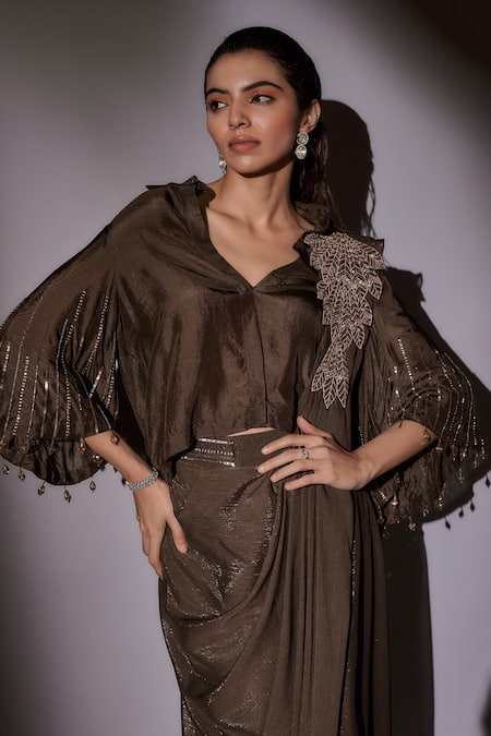 Buy_Ajiesh Oberoi_Brown Satin, Lurex Beads, Cut Work Floral Embroidered Pre-draped Saree And Blouse _Online_at_Aza_Fashions