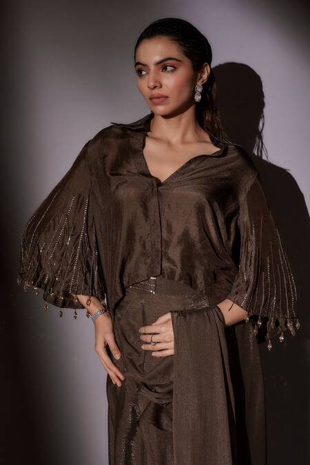 Shop_Ajiesh Oberoi_Brown Satin, Lurex Beads, Cut Work Floral Embroidered Pre-draped Saree And Blouse _Online_at_Aza_Fashions