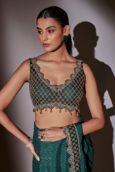 Ajiesh Oberoi_Green Organza, Lurex, Lycra Embroidered Scallop Blouse And Pre-draped Saree _Online_at_Aza_Fashions